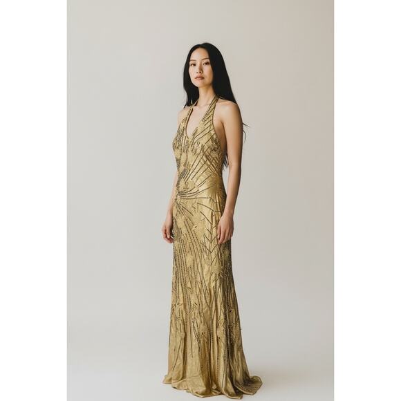Sue Wong Nocturne Y2K Beaded Embroidered Gold Silk Gown size 8 - Picture 2 of 12